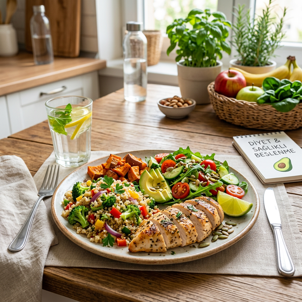 Grilled chicken breast with salad, quinoa, roasted sweet potatoes, and a lime wedge