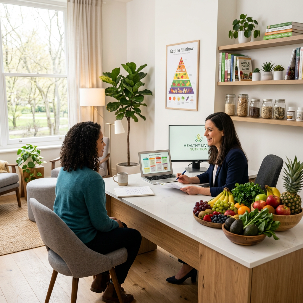Nutritionist talking with client across desk with fresh fruits and nutrition charts